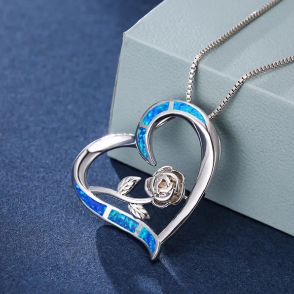 🆕 | Blue Simulated Opal | Rose Flower | 14K White Gold Plated Women’s Necklace - Picture 7 of 7